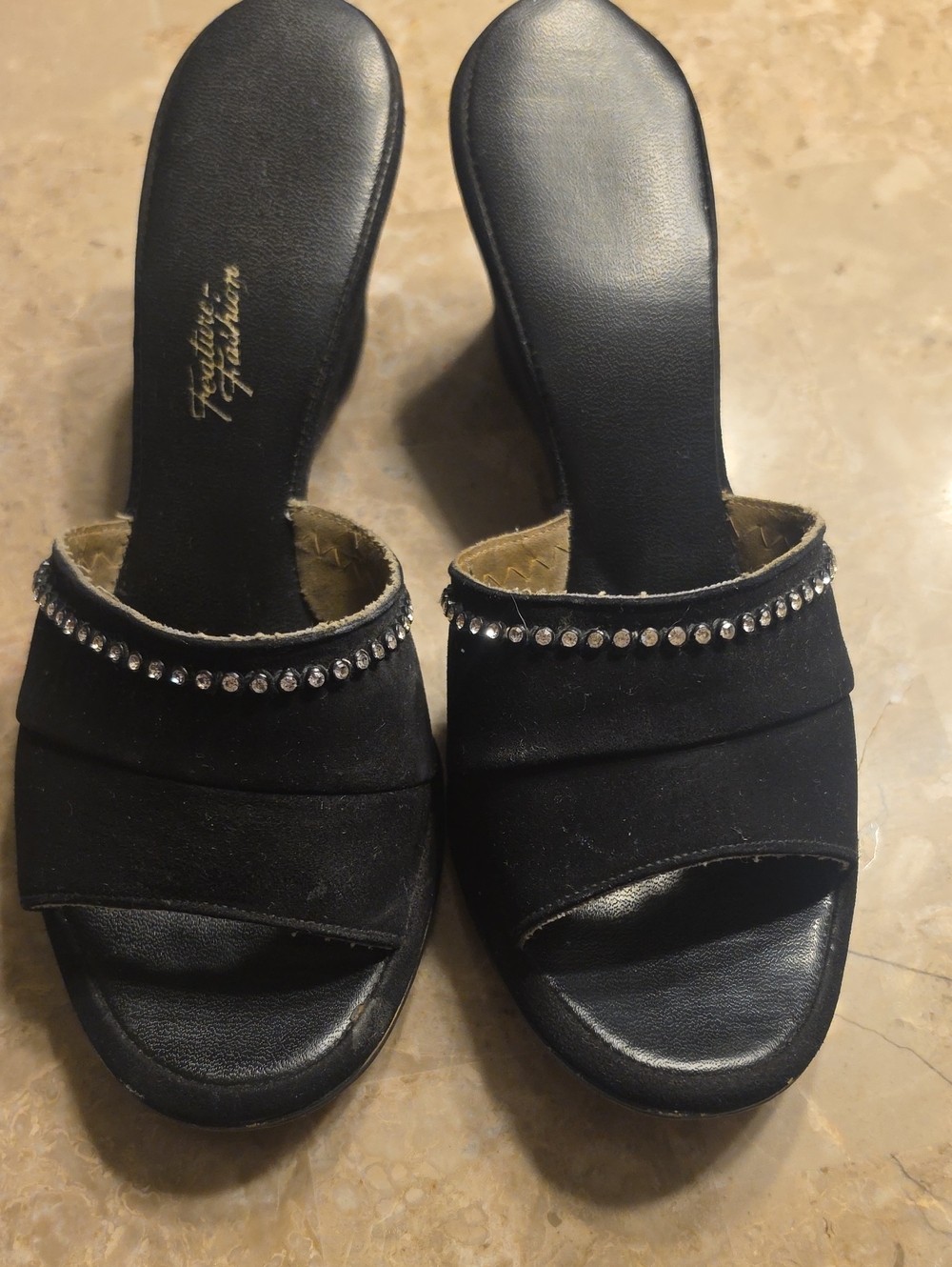 Women's Vintage Black Rhinestone Slide Heels by Feature Fashion
